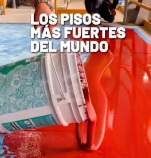 Colocación y vertido de resina epóxica autonivelante de color naranja sobre sustrato de concreto, creating el recubrimiento más fuerte del mundo en CDMX